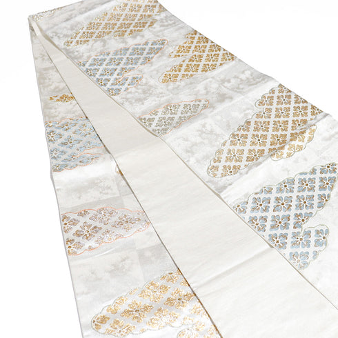 袋帯 リサイクル 帯丈432cm 六通 雲に有職文様 シルバー Sサイズ 正絹 Sランク フォーマル セミフォーマル