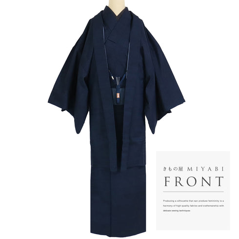 アンサンブル 男物 リサイクル 身丈156.8cm 裄74.4cm 羽織丈100cm 袷 紬 ネイビー LLサイズ お洒落 カジュアル 正絹 棒衿 Sランク