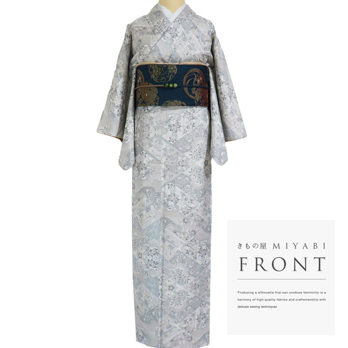 紬 リサイクル 身丈152.3cm 裄62.8cm 袷 デザイン菱模様 草花柄 グレー Sサイズ お洒落 カジュアル 正絹 広衿 Aランク