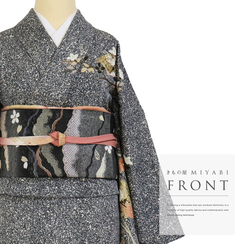 訪問着 リサイクル 身丈157cm 裄69.4cm 袷 たたき総柄地 箔 花柄 ブラック Mサイズ セミフォーマル 正絹 広衿 Sランク