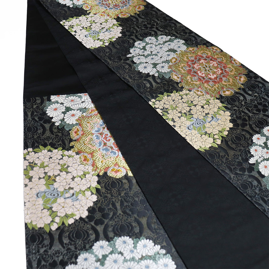 リサイクル 袋帯 帯丈444cm 六通 華紋柄 刺繍 ブラック Mサイズ 正絹 S