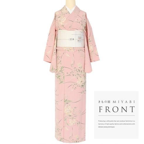 小紋 リサイクル 身丈168cm 裄65.5cm 単衣 百合柄 ピンク LLサイズ カジュアル ポリエステル 洗える着物 広衿 Aランク