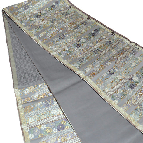 袋帯 リサイクル 帯丈446cm 六通 ボーダー柄 草花柄 パープル Mサイズ 正絹 Sランク フォーマル お洒落