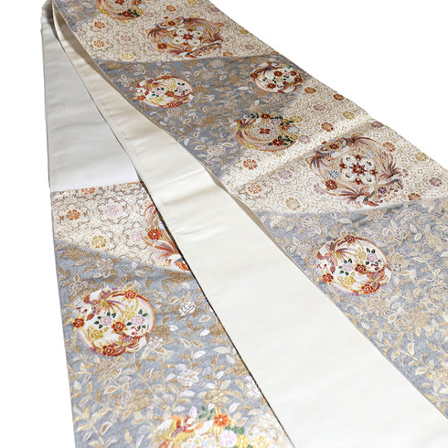 袋帯 リサイクル 帯丈434cm 六通 有職文様 華文 西陣織り シルバー Sサイズ 正絹 新品・未使用品 フォーマル セミフォーマル