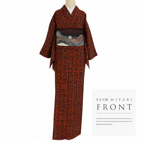 小紋 リサイクル 身丈158.3cm 裄62.8cm 単衣 いろは歌柄 オレンジ Mサイズ お洒落 しつけ糸 正絹 広衿 Sランク