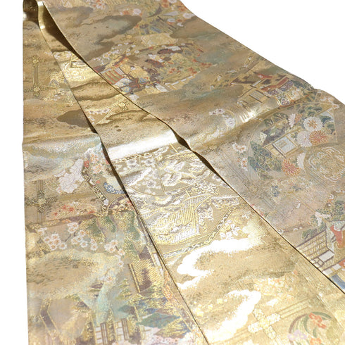 袋帯 リサイクル 帯丈444cm 全通 京雅宮中絵巻 本金箔全通丸帯 はぎれに落款 ゴールド Mサイズ 正絹 Sランク フォーマル