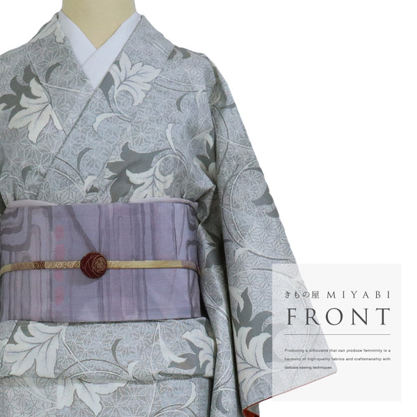 紬 リサイクル 身丈161.2cm 裄64cm 袷 裂取り麻の葉に唐草模様 グレー Lサイズ カジュアル お洒落 しつけ糸 正絹 広衿 Sランク