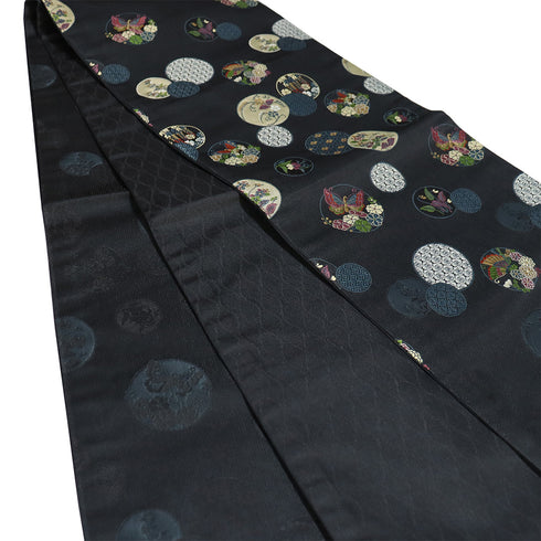 京袋帯 リサイクル 帯丈394cm ポイント柄 丸に蝶や草花柄 地紋 ブラック Lサイズ ポリエステル 新品・未使用品 お洒落 カジュアル