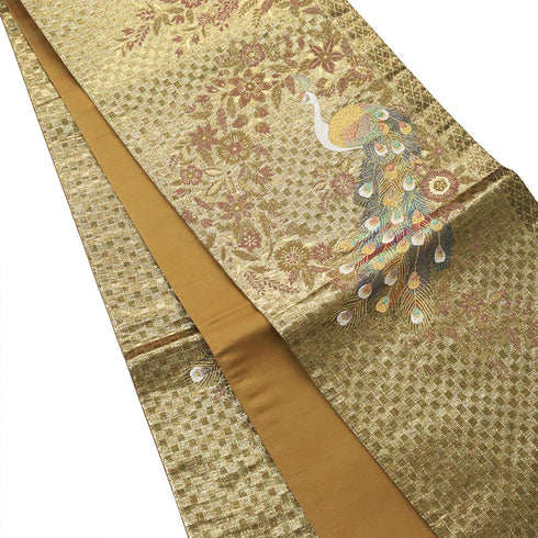 袋帯 リサイクル 帯丈434cm 六通 花に鳥模様 ゴールド Sサイズ 正絹 Sランク フォーマル