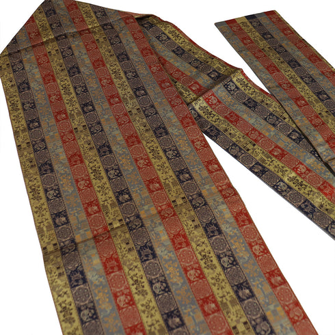 名古屋帯 リサイクル 帯丈337.5cm 全通 変わりボーダー柄 ブラウン SSサイズ 正絹 Sランク お洒落 カジュアル (コピー)