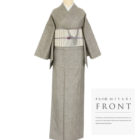 紬 リサイクル 身丈159cm 裄64.6cm 袷 デザイン網目模様 ベージュ Mサイズ お洒落 カジュアル しつけ糸 正絹 広衿 Sランク