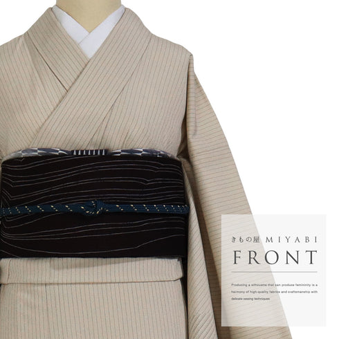 付下げ リサイクル 身丈169cm 裄66.8cm 単衣 縞柄 塩沢紬 ベージュ サイズ お洒落 しつけ糸 正絹 広衿 Sランク