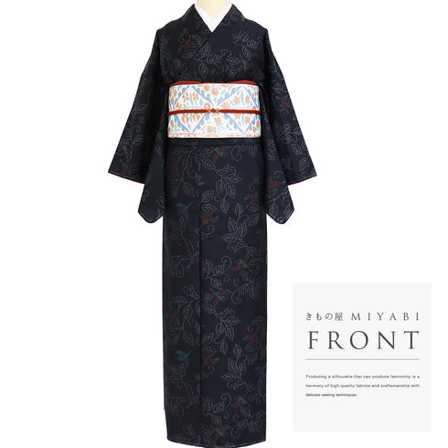 大島紬 リサイクル 身丈158.7cm 裄64.8cm 袷 鳥や葉枝柄 ブラック Mサイズ カジュアル お洒落 しつけ糸 正絹 広衿 Sランク