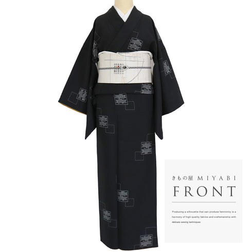 小紋 リサイクル 身丈164.3cm 裄66.5cm 袷 鯉のぼり柄 ブラック Lサイズ お洒落 カジュアル ポリエステル 洗える着物 広衿 Sランク