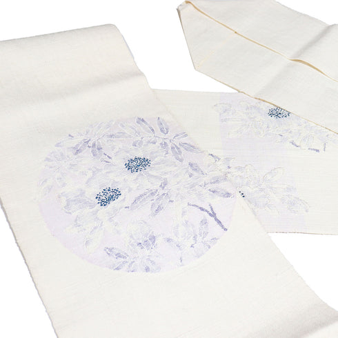 名古屋帯 リサイクル 帯丈352.5cm ポイント柄 丸に花柄 ベージュ Sサイズ 正絹 Aランク カジュアル