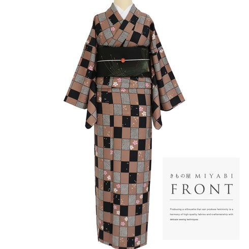 小紋 リサイクル 身丈161.8cm 裄67cm 袷 市松模様 桜柄 ブラック Lサイズ お洒落 カジュアル ポリエステル 洗える着物 広衿 Sランク