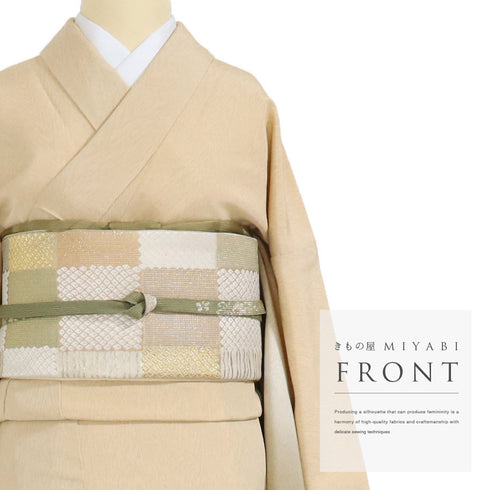 訪問着 リサイクル 身丈171.3cm 裄69.6cm 袷 木目の地紋に裾ボカシ柄 ベージュ LLサイズ お洒落 正絹 広衿 Sランク