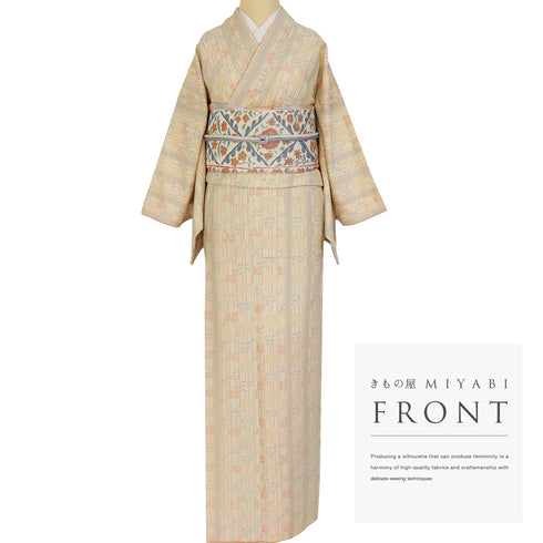 紬 リサイクル 身丈159.3cm 裄65cm 袷 縞模様 竹柄 小花柄 ベージュ Mサイズ お洒落 正絹 広衿 Aランク