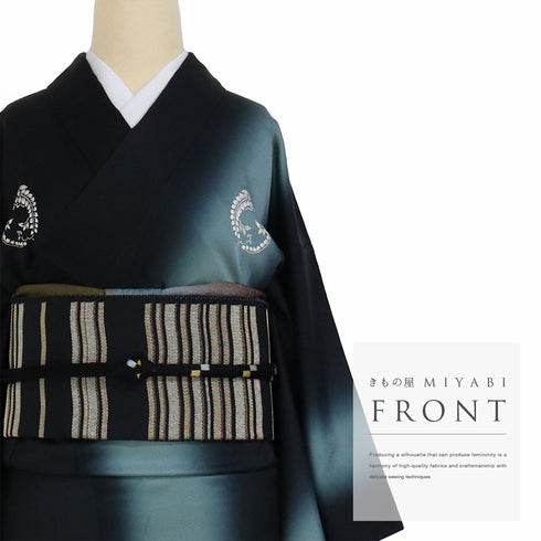 訪問着 リサイクル 身丈159cm 裄64.4cm 袷 縦ぼかし柄 パールトーン加工 ブラック Mサイズ セミフォーマル お洒落 五つ紋 正絹 広衿 Sランク