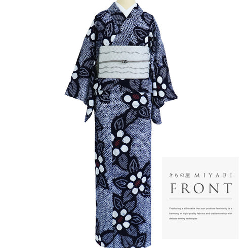 浴衣 リサイクル 夏着物 身丈155.8cm 裄64.4cm 夏物 絞り 花柄 ネイビー Mサイズ カジュアル 木綿 洗える着物 バチ衿 Sランク