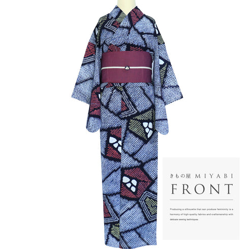 浴衣 リサイクル 夏着物 身丈157.5cm 裄64cm 夏物 絞り ネイビー Mサイズ カジュアル 木綿 洗える着物 バチ衿 Sランク