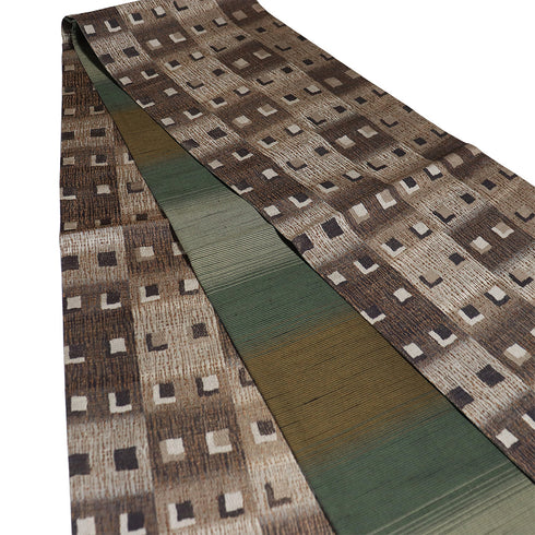 袋帯 リサイクル 帯丈436cm 全通 幾何学柄 ブラウン Mサイズ 正絹 Sランク お洒落