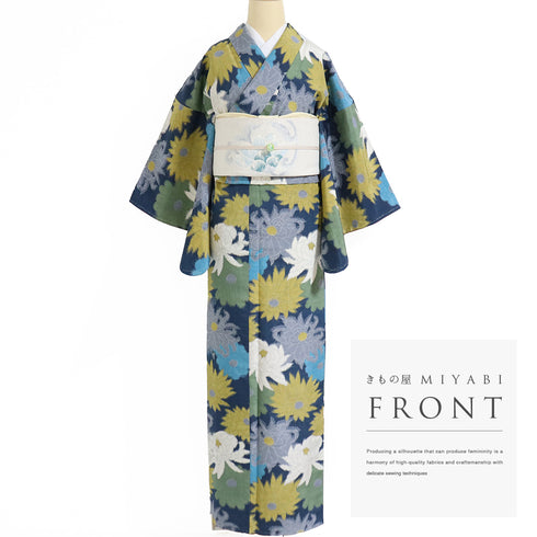 紬 リサイクル 身丈163.5cm 裄65.6cm 袷 菊柄 多色 Lサイズ カジュアル お洒落 しつけ糸 正絹 広衿 Sランク