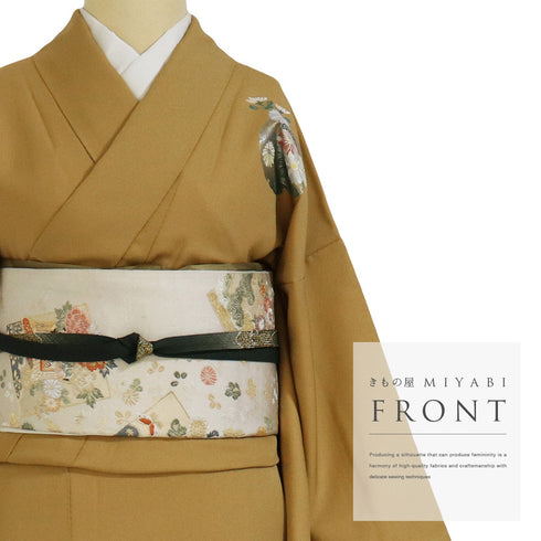 訪問着 リサイクル 身丈160cm 裄64.4cm 袷 雪輪模様 鶴柄 花柄 箔加工 イエロー Mサイズ セミフォーマル お洒落 正絹 広衿 Aランク