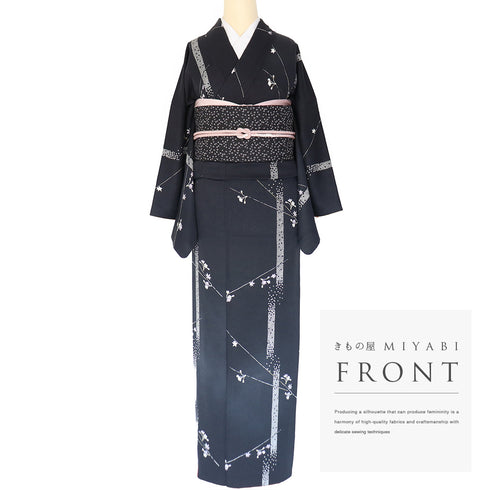 小紋 リサイクル 身丈161cm 裄67.2cm 袷 花柄 ブラック Lサイズ お洒落 カジュアル 正絹 広衿 Aランク