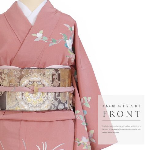 訪問着 リサイクル 身丈158cm 裄64.8cm 袷 四季花柄 ピンク Mサイズ フォーマル 落款 正絹 広衿 Aランク