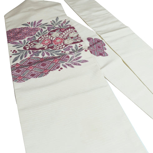 名古屋帯 リサイクル 帯丈352.5cm ポイント柄 夏用 雲取り 辻が花 絞り柄 絽 アイボリー Sサイズ 不明 Aランク お洒落