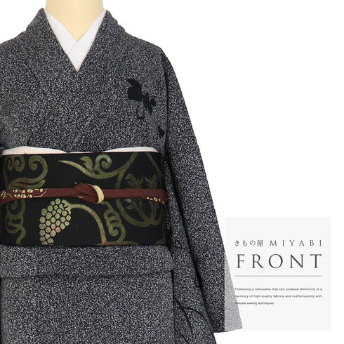 訪問着 リサイクル 身丈163.5cm 裄68.4cm 袷 ひょうたん模様 たたき染め 岸上純平 ブラック Lサイズ お洒落 落款 しつけ糸 正絹 広衿 Sランク