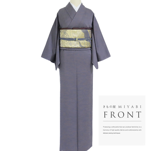 色無地 リサイクル 身丈158cm 裄62.4cm 袷 七宝柄 パープル Mサイズ セミフォーマル お洒落 一つ紋 正絹 広衿 地紋あり Sランク