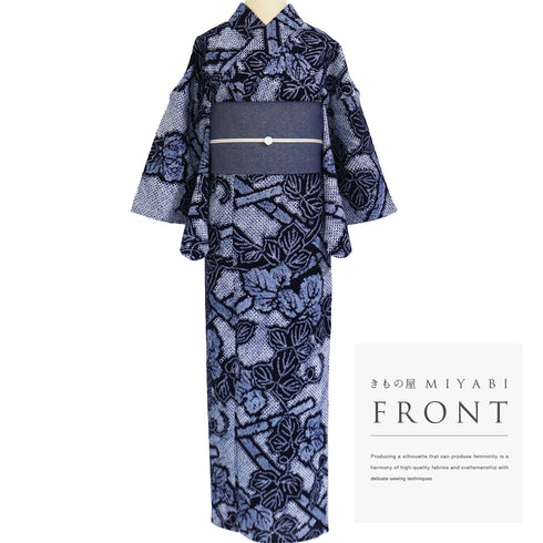 浴衣 リサイクル 夏着物 身丈160.8cm 裄66cm 夏物 蔓柄 絞り ゆったり ネイビー Lサイズ カジュアル 木綿 洗える着物 バチ衿 Aランク