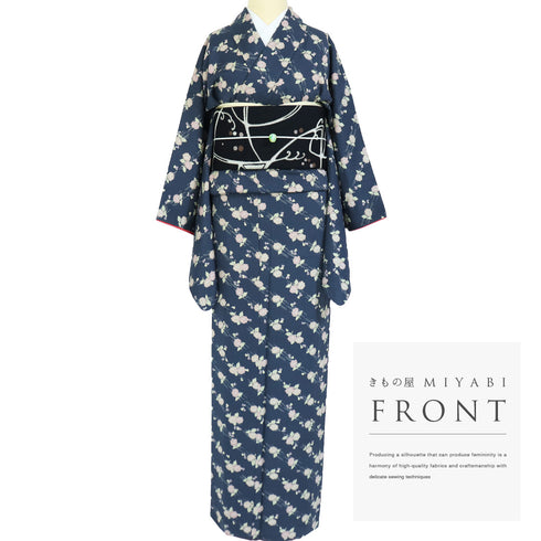 小紋 リサイクル 身丈164cm 裄65.5cm 袷 花柄 ブルー Lサイズ お洒落 カジュアル 正絹 広衿 Sランク