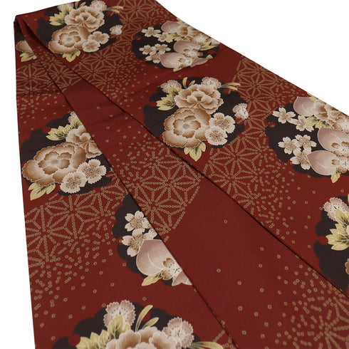 京袋帯 リサイクル 帯丈380cm 六通 雪輪に花各種柄 レッド Lサイズ ポリエステル 新品・未使用品 お洒落