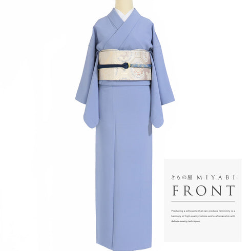 色無地 リサイクル 身丈157.7cm 裄63cm 袷 パールトーン加工 ブルー Mサイズ セミフォーマル お洒落 一つ紋 正絹 広衿 地紋なし Sランク