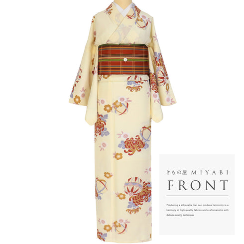 小紋 リサイクル 身丈165.8cm 裄67.5cm 袷 手毬に菊模様 ベージュ LLサイズ お洒落 カジュアル ポリエステル 広衿 Aランク