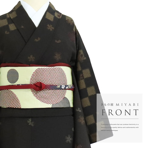 付下げ リサイクル 身丈162cm 裄64.8cm 袷 市松に桜柄 ブラウン Lサイズ お洒落 ポリエステル 広衿 Sランク