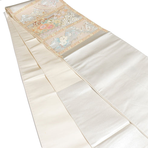 袋帯 リサイクル 帯丈436cm ポイント柄 花車柄 ベージュ Mサイズ 正絹 Sランク フォーマル セミフォーマル