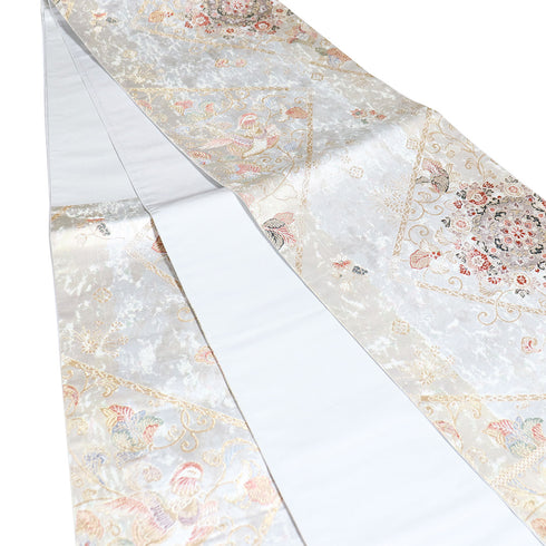 袋帯 リサイクル 帯丈428cm 六通 華文に鴛鴦柄 貝よう螺鈿 シルバー Sサイズ 正絹 Sランク フォーマル セミフォーマル