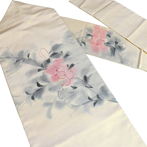 名古屋帯 リサイクル 帯丈357.5cm ポイント柄 花柄 アイボリー Sサイズ 正絹 Sランク お洒落 落款