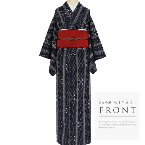 紬 リサイクル 身丈157.5cm 裄63cm 袷 絣模様 ネイビー Mサイズ カジュアル お洒落 正絹 広衿 Sランク