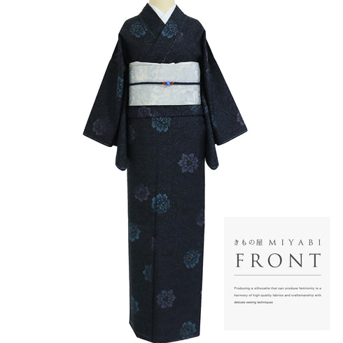 大島紬 リサイクル 身丈160.7cm 裄63.8cm 袷 花 唐草 ネイビー Lサイズ お洒落 カジュアル しつけ糸 正絹 広衿 Sランク