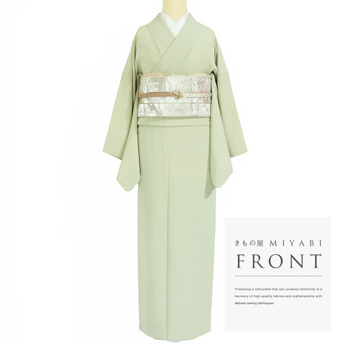 色無地 リサイクル 身丈155.3cm 裄66cm 袷 グリーン Sサイズ お洒落 正絹 広衿 地紋なし Bランク