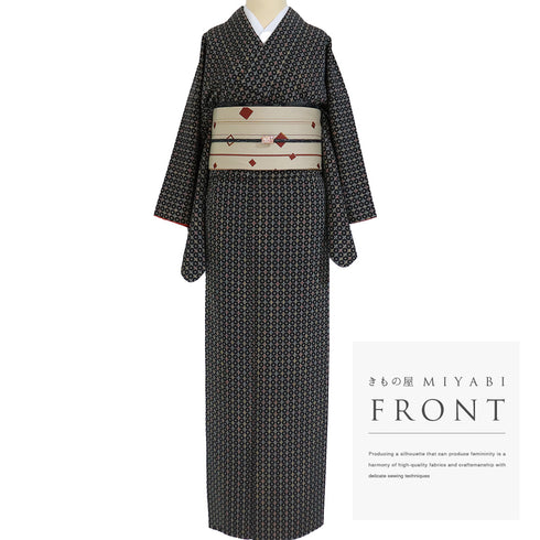 小紋 リサイクル 身丈155.7cm 裄63.2cm 袷 小花柄 ブラック Mサイズ お洒落 カジュアル 正絹 広衿 Sランク