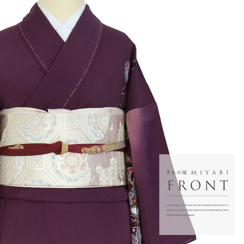 訪問着 リサイクル 身丈161cm 裄64cm 袷 辻ヶ花模様 後絞り 箔加工 松本孝美作 パープル Lサイズ お洒落 落款 しつけ糸 正絹 広衿 Sランク