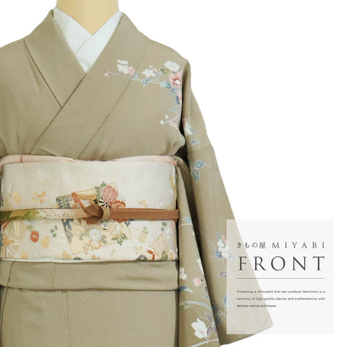 訪問着 リサイクル 身丈159cm 裄64.2cm 袷 椿や童模様 ミシン刺繍 ベージュ Mサイズ フォーマル セミフォーマル 一つ紋 正絹 広衿 Sランク