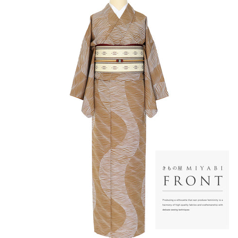 小紋 リサイクル 身丈158.2cm 裄64.4cm 袷 デザイン横縞柄 ブラウン Mサイズ お洒落 カジュアル 正絹 広衿 Sランク