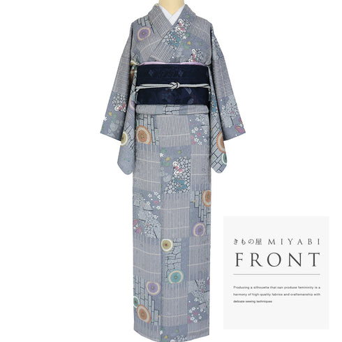 小紋 リサイクル 身丈163cm 裄62.8cm 袷 石畳に番傘や草履柄 地紋 グレー Lサイズ お洒落 カジュアル 正絹 広衿 Sランク